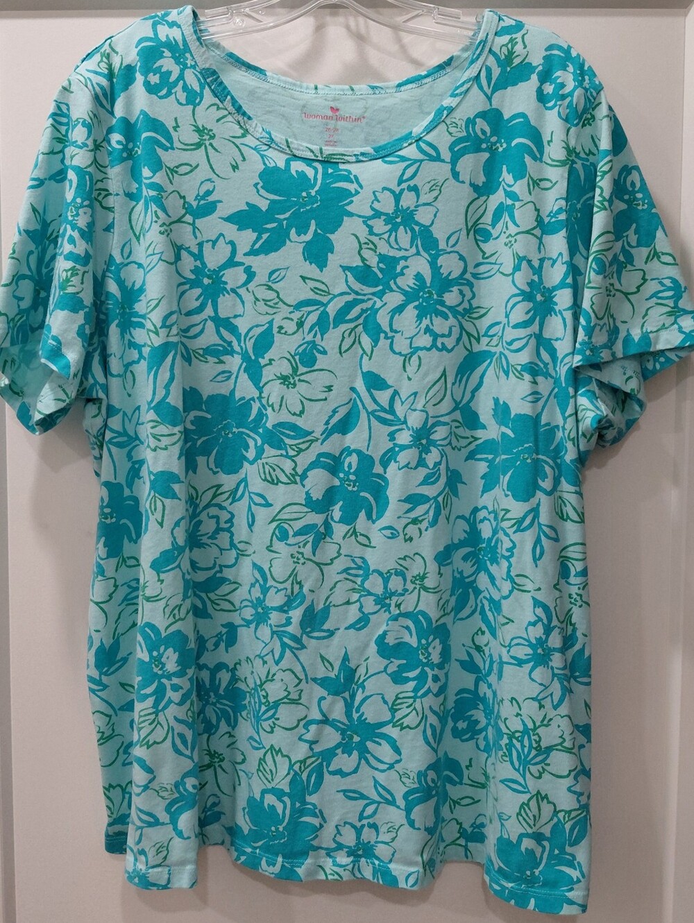 Woman Within Sz 2X (26/28)Aqua Floral Scoop Neck Tee 100% Cotton